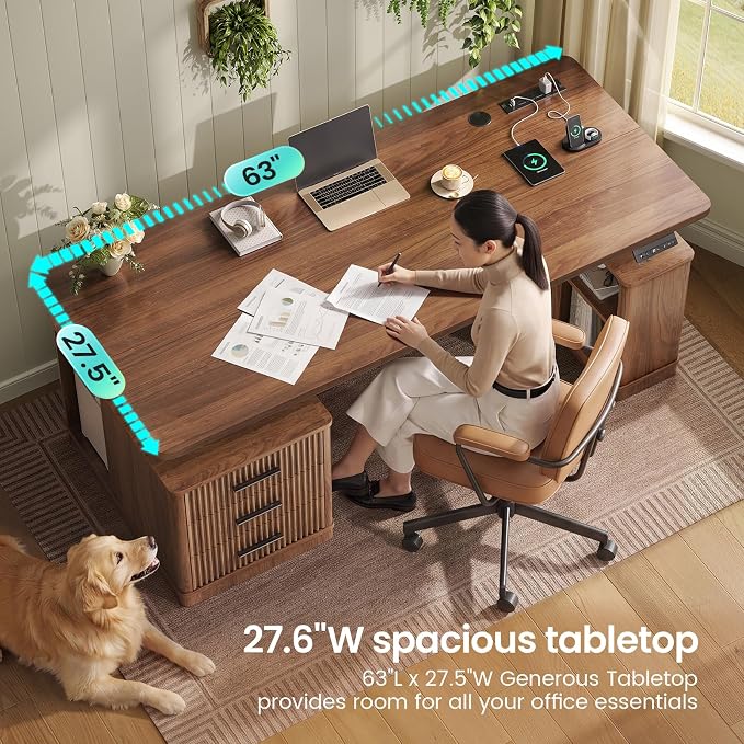 SEDETA Modern Fluted Electric Standing Desk, 63" Height Adjustable Computer Desk with 3 Drawers, Storage Shelves, Power Outlets, Wood Home Office Stand up Desk for Work, Study, Writing, Brown