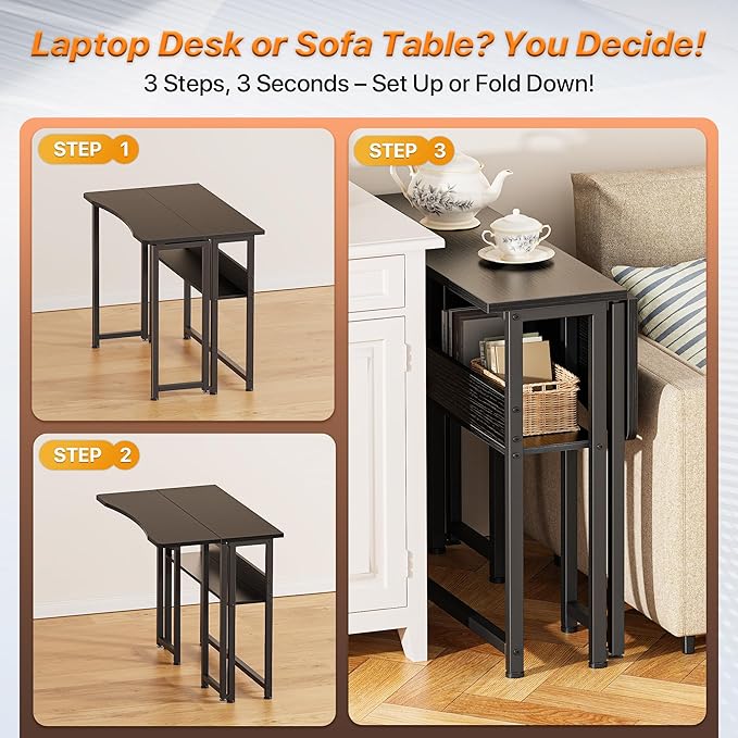 Huuger Folding Desk with Storage Shelf, 31.5 Inch Foldable Computer Table for Small Spaces, Space Saving Sofa Table for Couch, Writing Work Office Computer Desk, Easy to Fold, Black