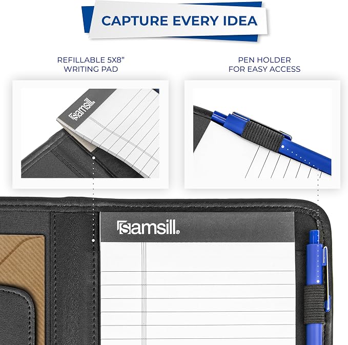 Samsill Professional Padfolio, Faux-Leather Mini Portfolio, with 5 x 8 Writing Pad, Black