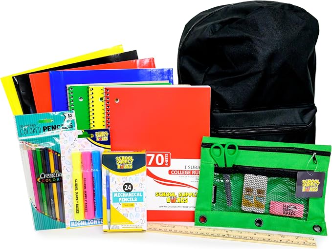 School Supply Boxes | 17" Black Backpack Bundle for Middle School | Back to School Bookbag with Supplies | Contains Pencil Pouch, Notebooks, Filler Paper, Folders, Mechanical Pencils & More