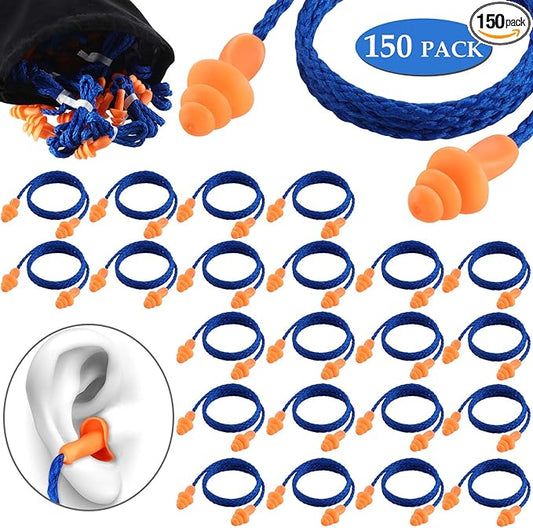 Corded Ear Plugs Silicone Noise Reducing Soft Hearing Protection Earplugs Reusable Rubber for Sleeping Swimming Snoring Sports (150)