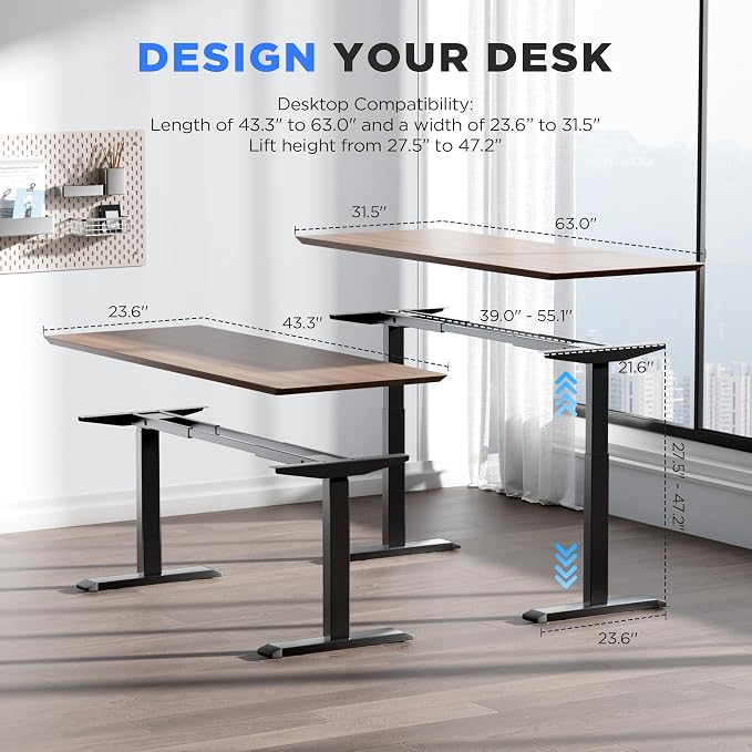 Dual Motor Electric Standing Desk Frame - 300 lbs Heavy Duty, 3 Memory Height Presets - Sit Stand Desk Frame, Computer Height Adjustable Desk Legs & Base for 43.3"-63" Desktop, Black Frame Only