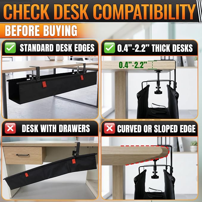 Under Desk Cable Management Tray 36" — No Drill Clamp-On Cord Organizer for Desk with Built-in Ties, Heavy Duty Metal Clamp, Foldable 600D Oxford Fabric for Home Office, WFH & Gaming PC Setup (Black)