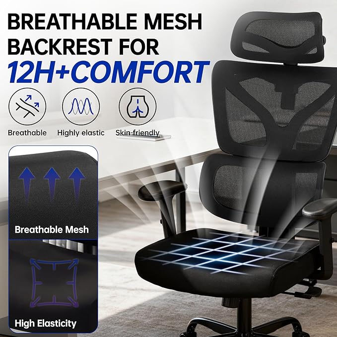 Ergonomic Office Chair, High Back Mesh Computer Chair with Comfortable Adaptive Lumbar Support, Built-in Coat Hanger, SGS Class 4 Gas Lift, Heavy Duty 300lbs for Long Hours Home Office, Black