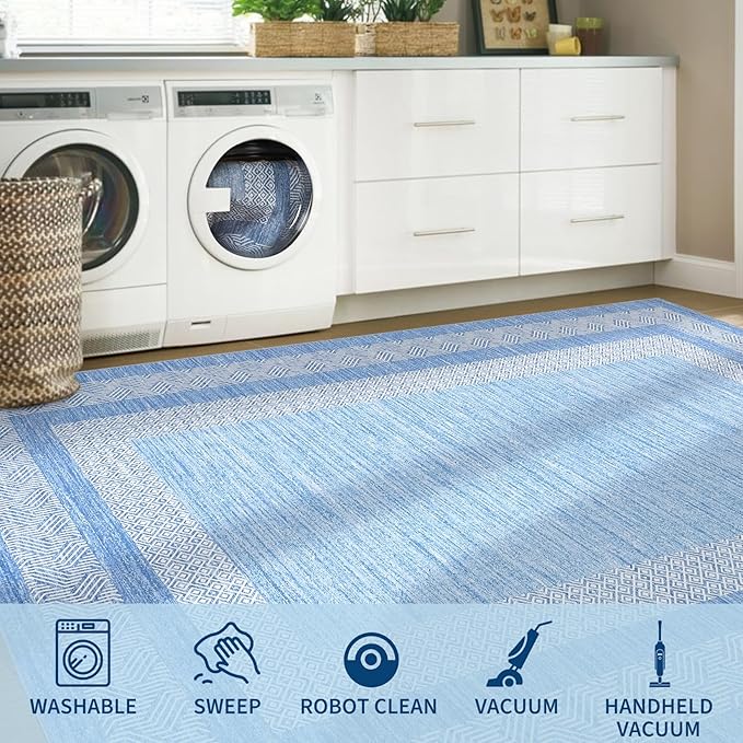GarveeHome Modern Geometric Area Rug 5x7 Distressed Bordered Washable Non Slip Floor Carpet Non Shedding Thin Rug, Soft Low Pile Contemporary Light Blue Carpet for Dining Room, Living Room