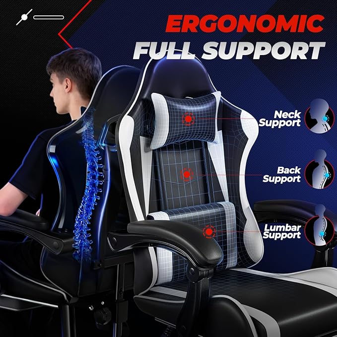 Auto Dynasty Ergonomic Gaming Chair, High-Back Office Chair w/Adjustable Lumbar Support, Linkage Armrest, Headrest & Footrest, 350LBS Recliner Swivel Computer Game Racing Chair, White/Black