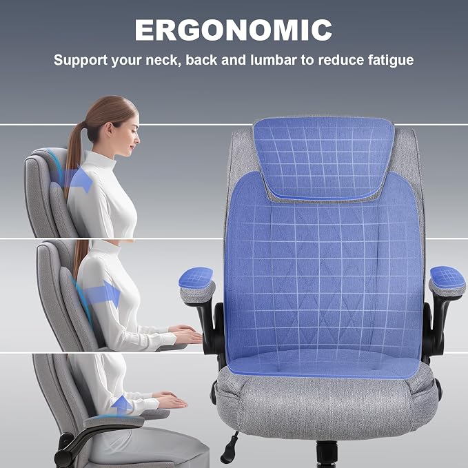 ralex-chair Big and Tall Office Chair -500 lb Office Chair for Big Man, Fabric High Back Office Desk Chair with 120° Tilt Rock,Computer Desk Chair with flip up arm - Light Gray