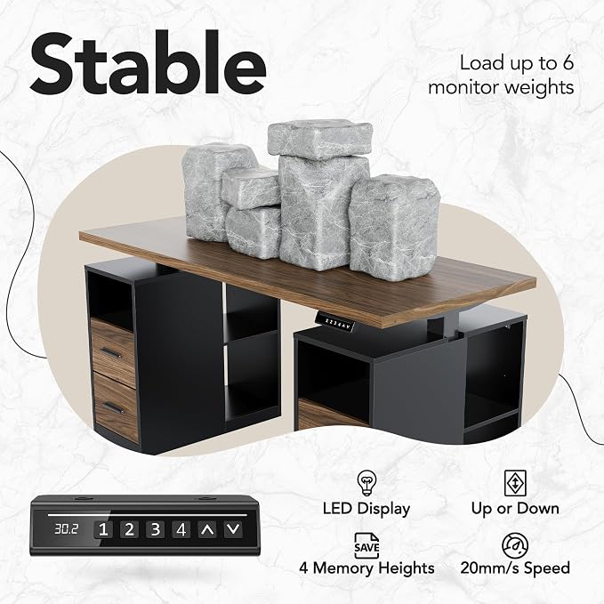 HUANUO 55" Standing Desk with Drawers, Executive Electric Height Adjustable Stand Up Desk with Storage, Black Walnut