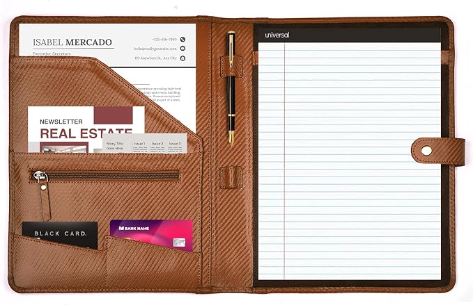 LEATHER VILLAGE Portfolio Professional Organizer – Carbon Fiber Genuine Leather Padfolio Resume Folder for A4 Letter Pad with Pen Holder, Business Card Slots & Writing Pad – Ideal for Men & Women-Tan