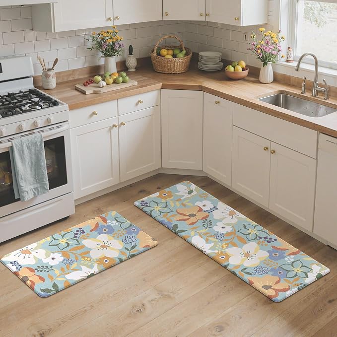 GENIMO Anti Fatigue Kitchen Mats for Floor 2PCS, Cushioned Standing Mats | 17.3"x47"&17.3"x30", Aqua vintage floral rug set, waterproof, non slip, easy-clean for farmhouse