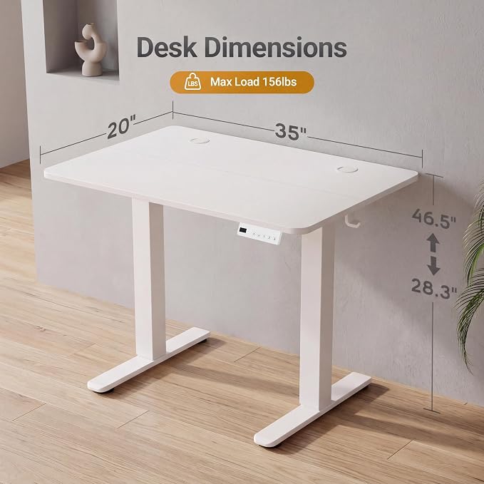 Claiks Electric Standing Desk 35x20 Inch Adjustable Desk, White | 156lbs weight capacity, 3 memory presets, industrial steel frame, cable management hub, adjustable height , easy assembly