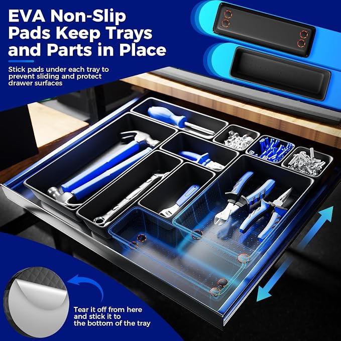 5 PCS Extra Large Toolbox Organizer Trays, Desk Drawer Organizer with EVA Non Slip Pads, Deep Drawer Dividers for Power Tools, Impact Drivers, Cordless Drills, Torque Wrenches (XL_5PCS_Black)