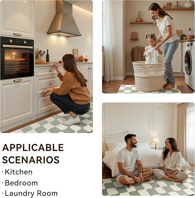 Sage Green Beige Retro Curvy Checkered Grid Checkerboard Kitchen Rug Sets [2 PCs], Anti-Fatigue, Waterproof Non-Slip Kitchen Mats Heavy Duty Comfort Foam Rug for Floor, Home, Laundry,17"x29"+17"x47"