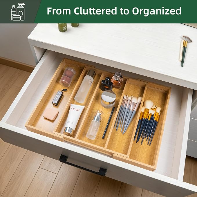 Utoplike Drawer Organizer Kitchen Utensils, Expandable Bamboo Cutlery Tray | Extendable Silverware Holder for Drawer, Flatware Caddy for Organized Kitchen, Apartment and RV, 3-5 Slots