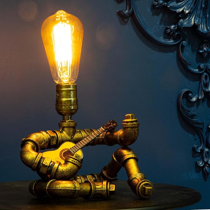 Music Guitar Table Lamp,Steampunk Table Lamp,Retro Guitars Steampunk lamp,Cool Industrial Metal Tube Robot Lamp Gifts for Music Lovers