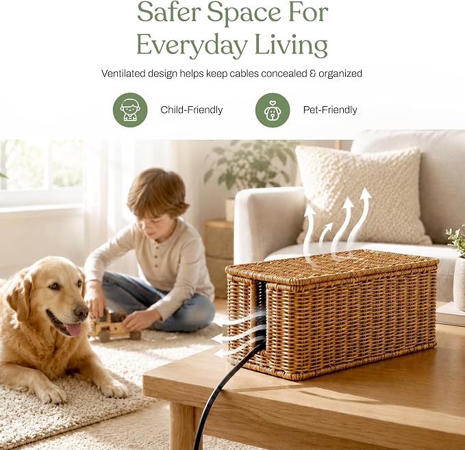 Cable Management Box Set of 2 Sizes, Handmade Rattan Cable Organizer with 2 Open Slots, Cord Hider for Power Strip, Router & USB Hub, Registered U.S. Design Patent (D1,112,102), Natural