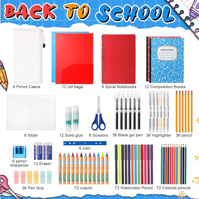 Gilprop 6 Set 2026 School Supplies Kit, 47 Pcs Per Set Back to School Supplies Primary Middle College Bundle Essential Stuff Bulk Pen Notebook Stationery for Kid Student Girl Teen Classroom Boy
