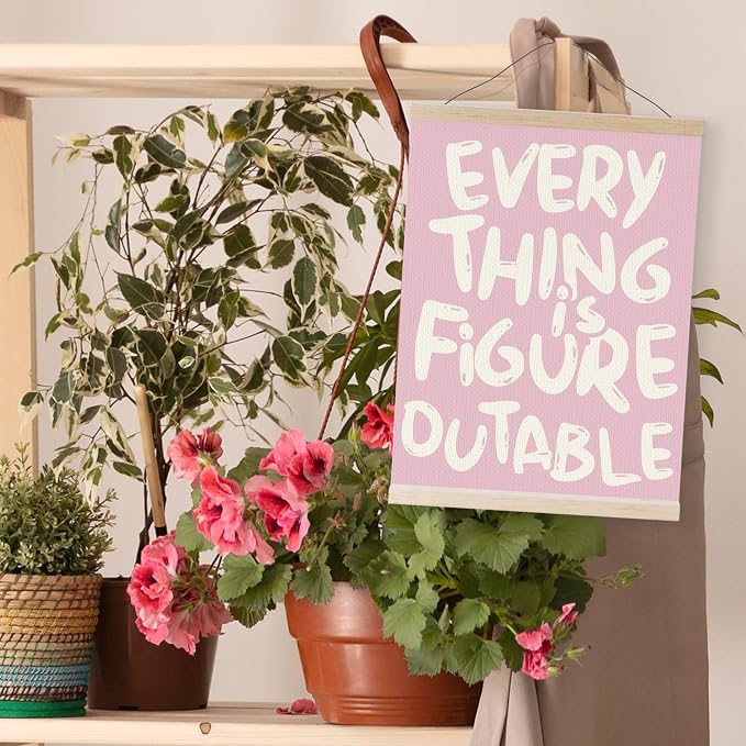 YQDEJ Pink Everything Is Figureoutable Inspirational Wall Art Poster Hanger Frame, Pink Positive Affirmations Wall Decor, Motivational Wall Art for Home Office Classroom, 16x24 Inch