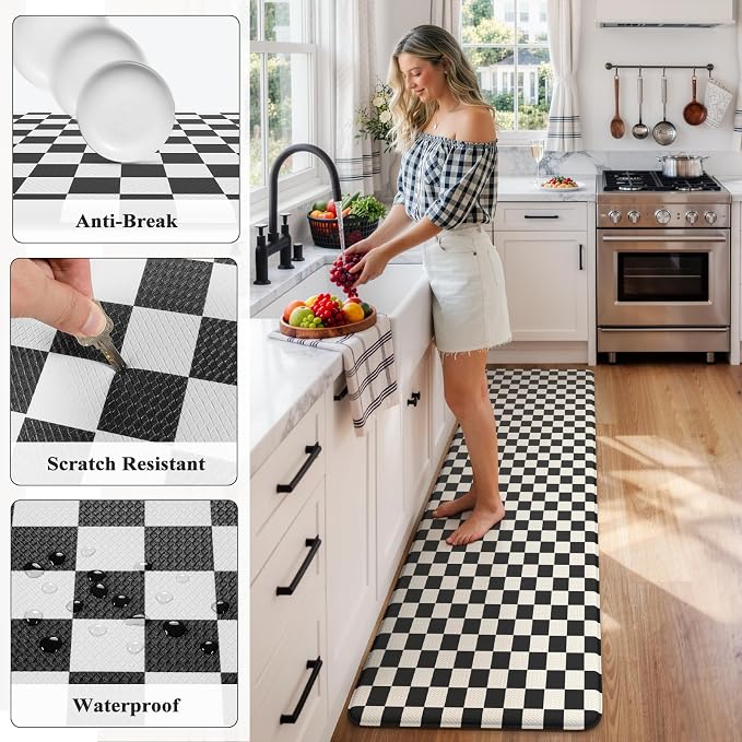 KIMODE Kitchen Mats Cushioned Anti Fatigue, Farmhouse Kitchen Rug 24"x71" | Black and White Kitchen Mats for Floor, Waterproof Laundry Room Rug, Memory Foam Standing Mat for Kitchen Decor Office Desk