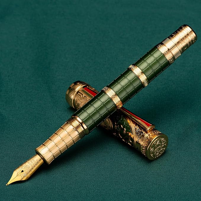 Hongdian D5X Fountain Pen Green Medium Nib, Qin Dynasty Retro Chinese Totem Engraving Smooth Writing Pen with Converter and Pen Box Set