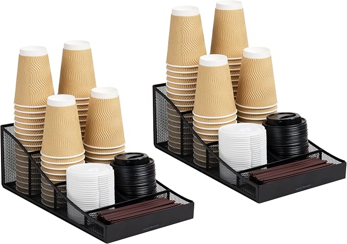 Mind Reader Cup and Condiment Station, Set of 2, Countertop Organizer, Coffee Bar, Metal Mesh, 8.5"L x 14.5"W x 5.25"H, Black