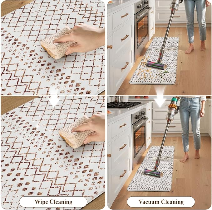 KIMODE Kitchen Mats 2PCS Cushioned Anti Fatigue Boho Kitchen Rugs and Mats Non Slip Waterproof Kitchen Mats for Floor Comfort Foam Standing Desk Mat for Home Office Sink Laundry Brown and White Decor