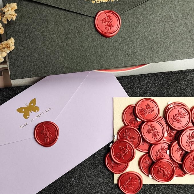 50 Pcs Red Wax Seal Stickers Self- Adhesive Wedding Invitation Seal Stickers, Perfect for Invitation Cards, Envelopes Christmas Cards, Gift Wrapping, Party Menu Decor