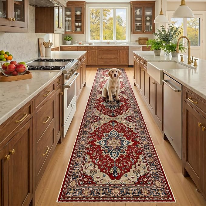 RELEANY Area Rugs Runner 2'x10' Washable Non-Slip, Floral Vintage Distress Medallion Carpet for Kitchen Hallway Bedroom Beside Laundry Room Bathroom, Red Blue