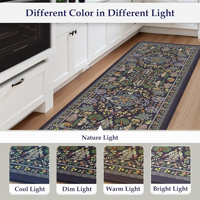 KIMODE Anti Fatigue Kitchen Mats for Floor 17"x47"+17"x29", Dark Blue Vibrant Floral Kitchen Rugs, Non Slip Waterproof Kitchen Floor Mats, Comfort Standing Mats for Laundry Office Sink Desk