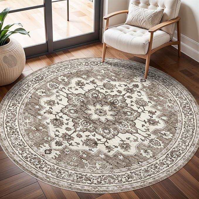 TOPRUUG Washable Oriental Area Rug - 3ft Round Rugs for Living Room Soft Carpet for Bedroom Waterproof Floral Distressed Indoor Stain Resistant Non-Shedding Floor Carpets (Beige, 3ft-Round)
