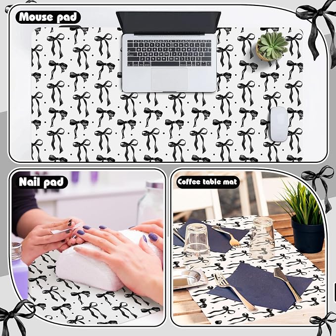 Teenyyou Coquette Bow Makeup Mat for Vanity Top Protector Back to School Gift 31.5" X15.7" Dual Side Leather Desk Mouse Pad Girly Waterproof Nonstick Dressing Vanity Cover for Women Home Office