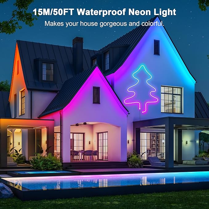 Cozylady RGB Neon Light LED Rope Light,Waterproof Bluetooth APP Remote Control Music Sync Strip Light,24V Flexible DIY Silicone Light for Bedroom Home Indoor Outdoor Decoration (50Ft/15M)