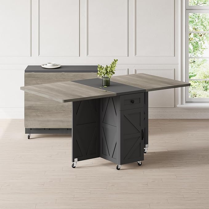 Jocoevol Folding Dining Table for Small Spaces, Space Saving Foldable Kitchen Table with Drawer & 2-Tier Storage Shelf, Rolling Expandable Dining Table with Wheels, Farmhouse, Grey