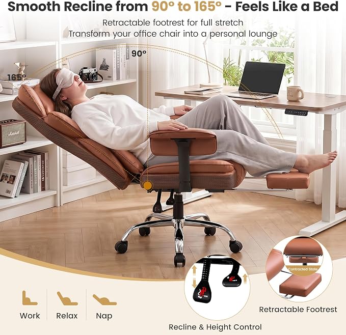 Big & Tall Executive Office Chair, 400 LBS Computer Desk Chair | 23.6" Extra-Wide Seat with Footrest, Ergonomic High Back with Lumbar Support, 165° Recline, 3.2" Adjustable Armrests, Brown