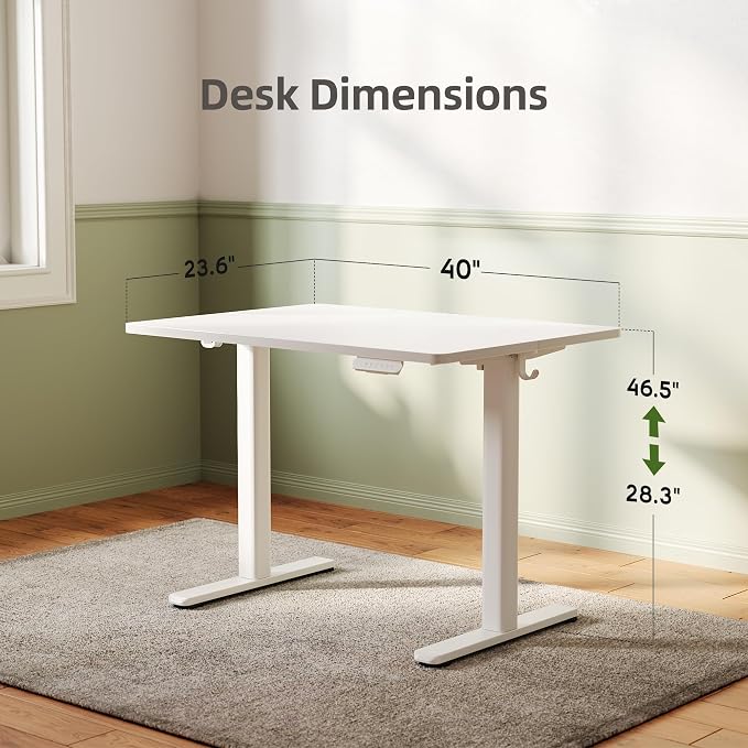 INNOVAR Electric Standing Desk, Adjustable Height Stand up Desks, 40 x 24 Inches Sit Stand up Desk for Home Office Computing, 3-Preset Memory Height Ergonomic Rising Desks, White