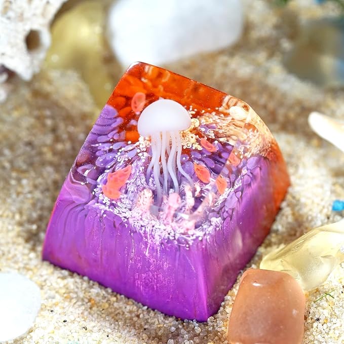 Jellyfish Artisan Keycap Orange Purple Coral R1 SA Profile Custom Sea Creature Keycaps 1U ESC Handmade Gaming Sea Resin Key Cap Cherry MX Switch Compatible Mechanical Keyboard Jellyfish Lover Gift
