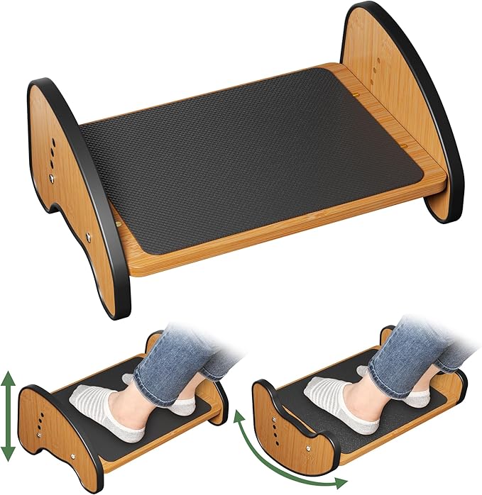 Rocking Foot Rest for Under Desk at Work - 3 Adjustable Heights Wooden Office Footrest, Two Mode of Use Foot Stools with Large Anti-Slip Surface, Ergonomic Foot Stool for Home Office Gaming