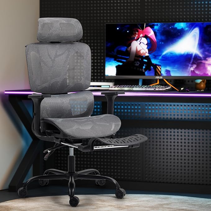 Grey Ergonomic High Back Mesh Office Chair with Footrest | Adjustable Lumbar Support, 3D Armrests, Headrest, 135° Reclining, Swivel, Home Office