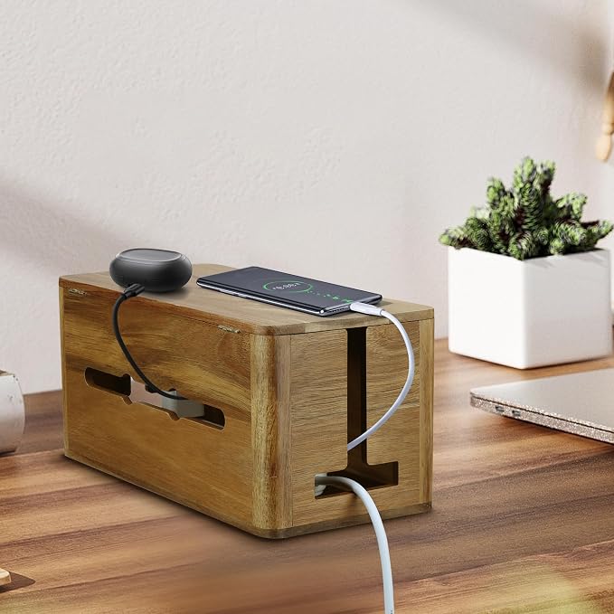 Large Acacia Wood Cable Management Box, Magnetic Lid, Cable Organizer | Ventilated Design, Cord Organizer Power Strip Box with Outlet Covers, Cord Hider for Desk and Floor Cable Storage