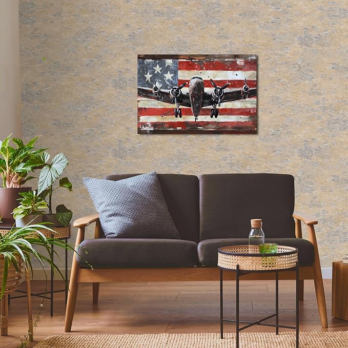 Airplane Wall Art Aviation Decor for Men Office Living Room Home Decorations Vintage Airplane Propeller Wall Decor Retro American Flag Poster Kids Boys Military Fighter Canvas Pictures Artwork 20x30"