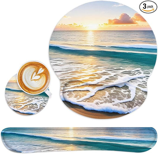 Britimes Summer Beach Sun Ergonomic Mouse Pad Set with Wrist Rest Non-Slip Rubber Base Wrist Cushion Support and Coasters Mousepad with Wrist Support for Computer Keyboard and Desk