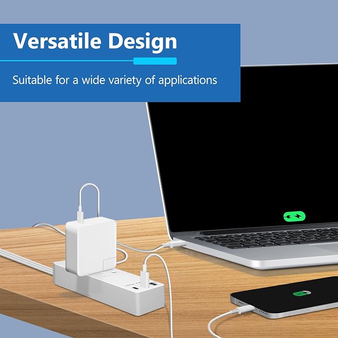 LIDER Outlet Extender with 3 Receptacles, USB-A & 2 USB-C Ports, Ultra-Thin Flat-Plug with Cord Extender, 3-Outlet Power Strip, Slim Angled Design, 5ft Cord, 1250W, ETL Listed, Matte White