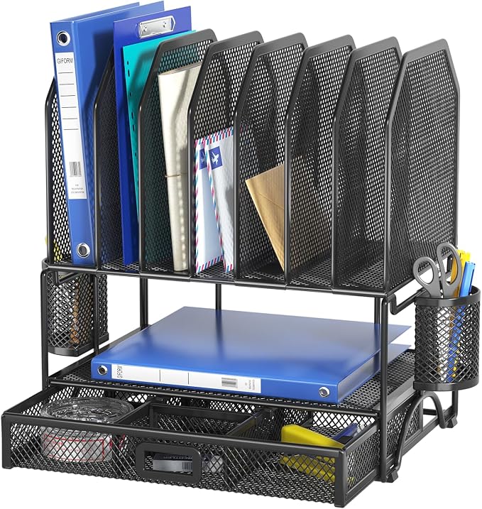 FANXIYQ Metal Desk Organizer with Sliding Drawer, 7-Section File Organizer for Desk, Desktop File Folder & Paper Organizer with 2 Hanging Pen Holders, Office Supplies Organizer, Black