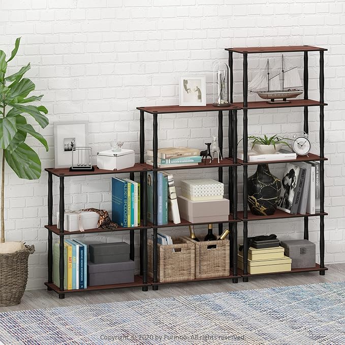Furinno Turn-N-Tube 4-Tier Multipurpose Shelf Display Rack, Classic Tubes, Dark Cherry/Black | Book Shelf, Corner Shelf, Open Shelves, Classic Tubes, for Organization, Living Room, Home Office