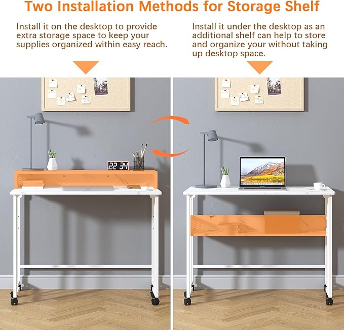 Gezen Folding Desk With Storage Shelf, Small Rolling With Wheels, Mobile Couch Sofa Side Table Bed for Home Office Small Space, White Marble, 39.4"