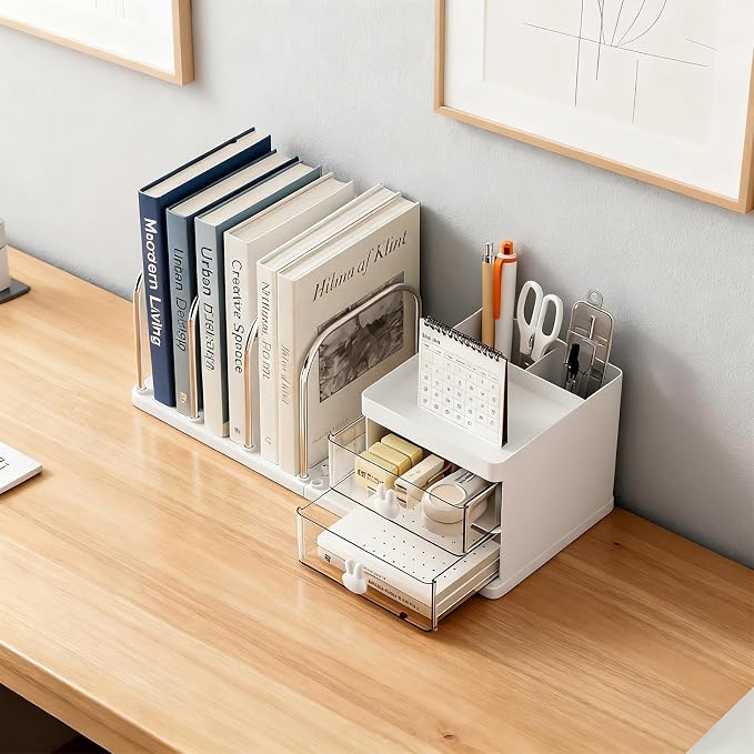 Desk Organizer with 2 Drawer, Desktop File Organizer with 4 Bookends, with Pen Holder, for Home Office School Supplies