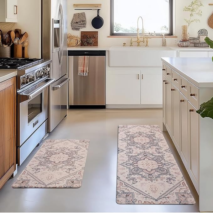 FRESHMINT Boho Kitchen Mat Set 2 Piece, 17x30''+17x47'', Natural Beige | Anti-Fatigue, Non Slip, Comfort, Kitchen Decor, Easy to Clean, Waterproof, Perfect for Kitchen, Laundry, Office