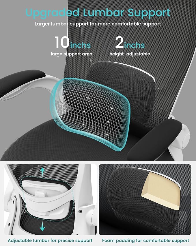 MUXX.STIL Office Chair, Ergonomic Desk Chair with Adjustable Lumbar Support and Flip up Armrest, Breathable Mesh Computer Chair for Home Office, White