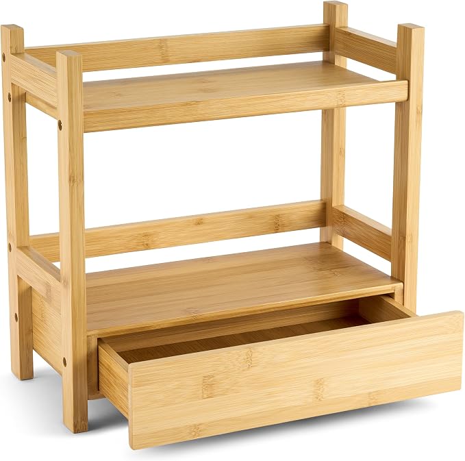 Sorbus 2-Tier Bamboo Countertop Shelf with Hidden Drawer for Vanity, Matcha Shelf, Bathroom Storage Cabinet, Under Sink Organizer, Bathroom Storage, Matcha Station Shelf (13″ L x 6.5″ W x 12.6″ H)