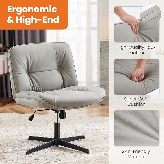 Sweetcrispy Armless-Office Desk Chair Without Wheels, Cross Legged Wide Chair, PU Leather Comfortable Adjustable Swivel Computer Task Chairs for Home,Office,Make Up,Small Space,Bed Room Grey